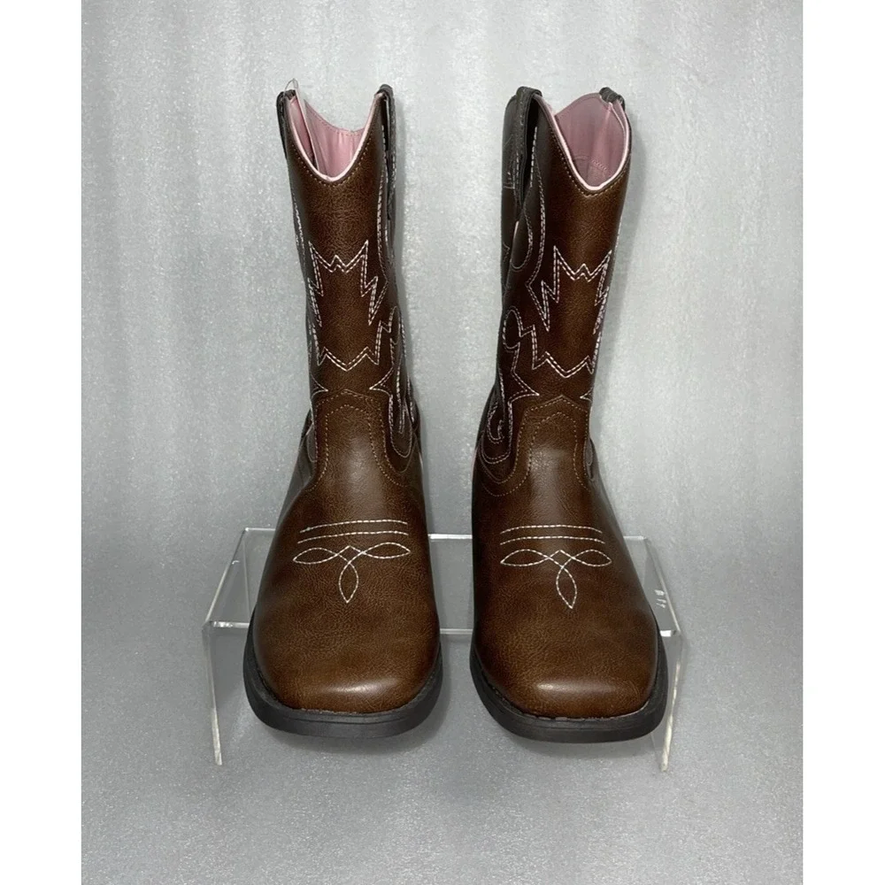 Wonder‎ Nation Brown Pull-on Square Toe Cowboy Cowgirl Boots Big Girls Size 5